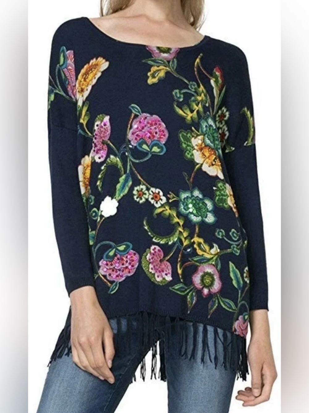 Desigual Floral Sequin Light Pullover Women's M Fringe